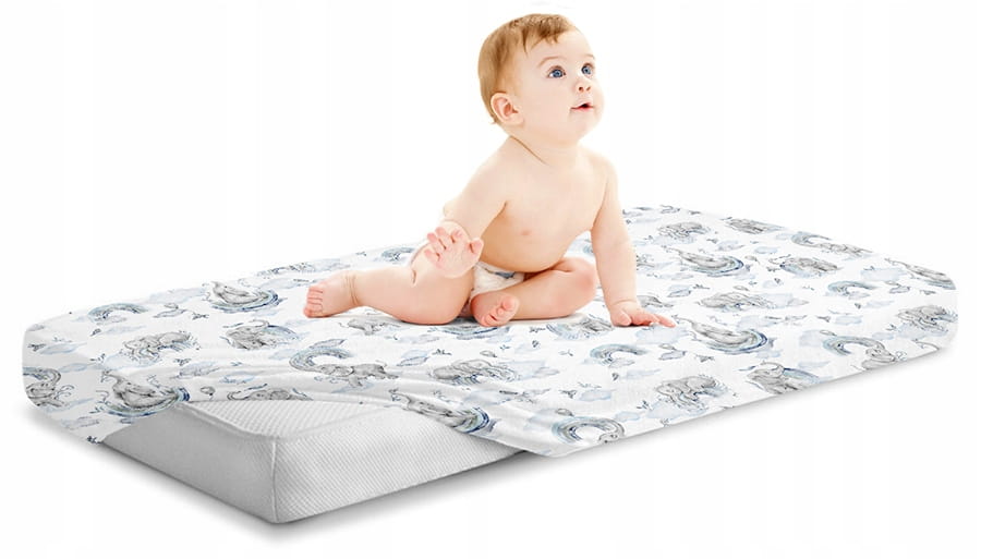 Cearceaf BabyMam Bumbac, Model Blue Elephant
