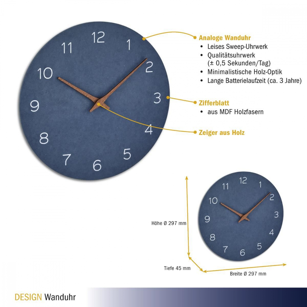 Ceas Tfa Silentios din Lemn | Design Albastru