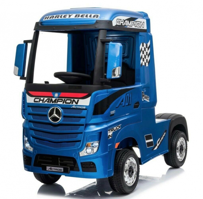 Camion electric pentru copii 2-7 ani Mercedes ACTROS, 4x4, 180W, 12V, roti moi, scaun tapitat, PREMIUM  Albastru