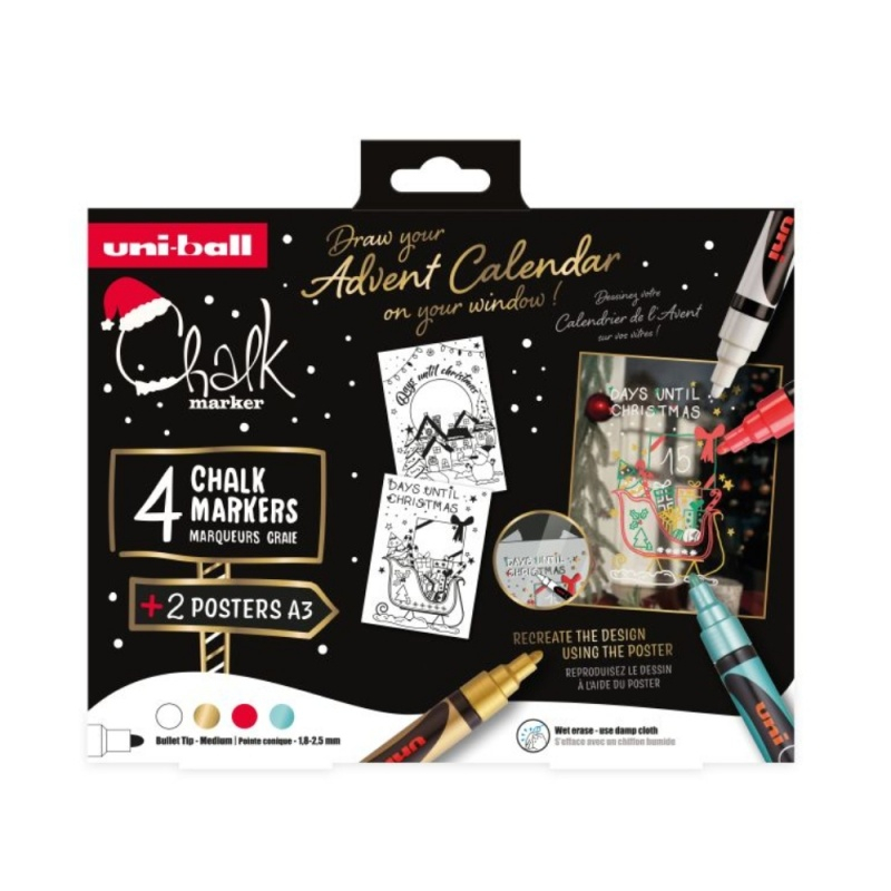 Set Desen Fereste Craciun UNI Chalk - 4 Markere + Sabloane