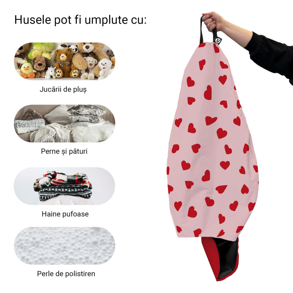 Husă Bean Bag Para Updeco, Model Inimi Roz
