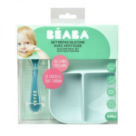 Set Masa Silicon Beaba 2 Piese Bleu cu Ventuza - imagine 6