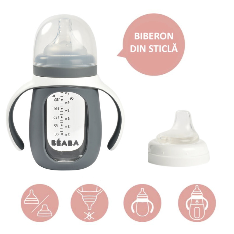 Biberon învățare 2in1 Beaba Sticlă 210ml Mineral Grey - imagine 2