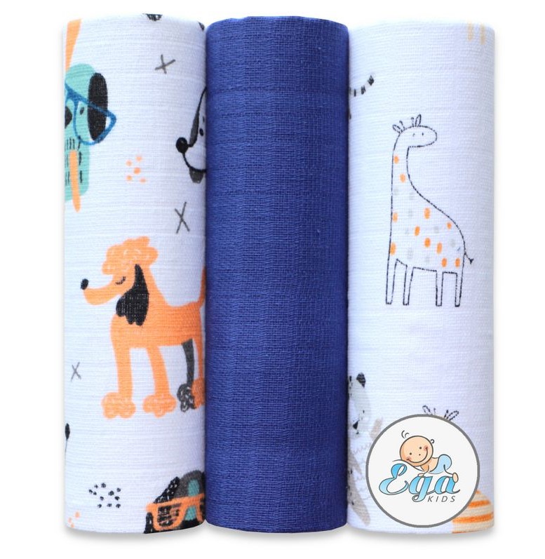 Set 3 scutece muselina Egakids, 70x80 cm, Albastru - imagine 3