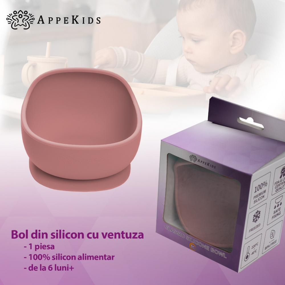 Bol AppeKids cu ventuza Old Rose - anti-murdărie - imagine 4