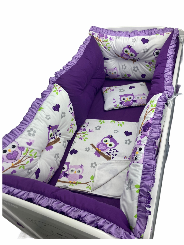 Set Lenjerie Patut 120x60 cu 6 Aparatori Bufnite