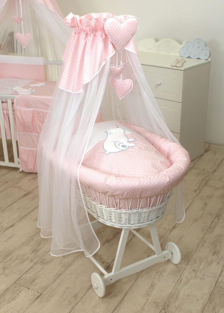 Cos Bebe Amy Bear Heart Pink pe Roti, cu Lenjerie si Baldachin - imagine 5