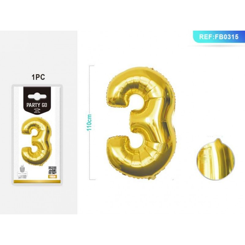 Balon Aniversar Cifra 3 PartyGo, Auriu, 40cm