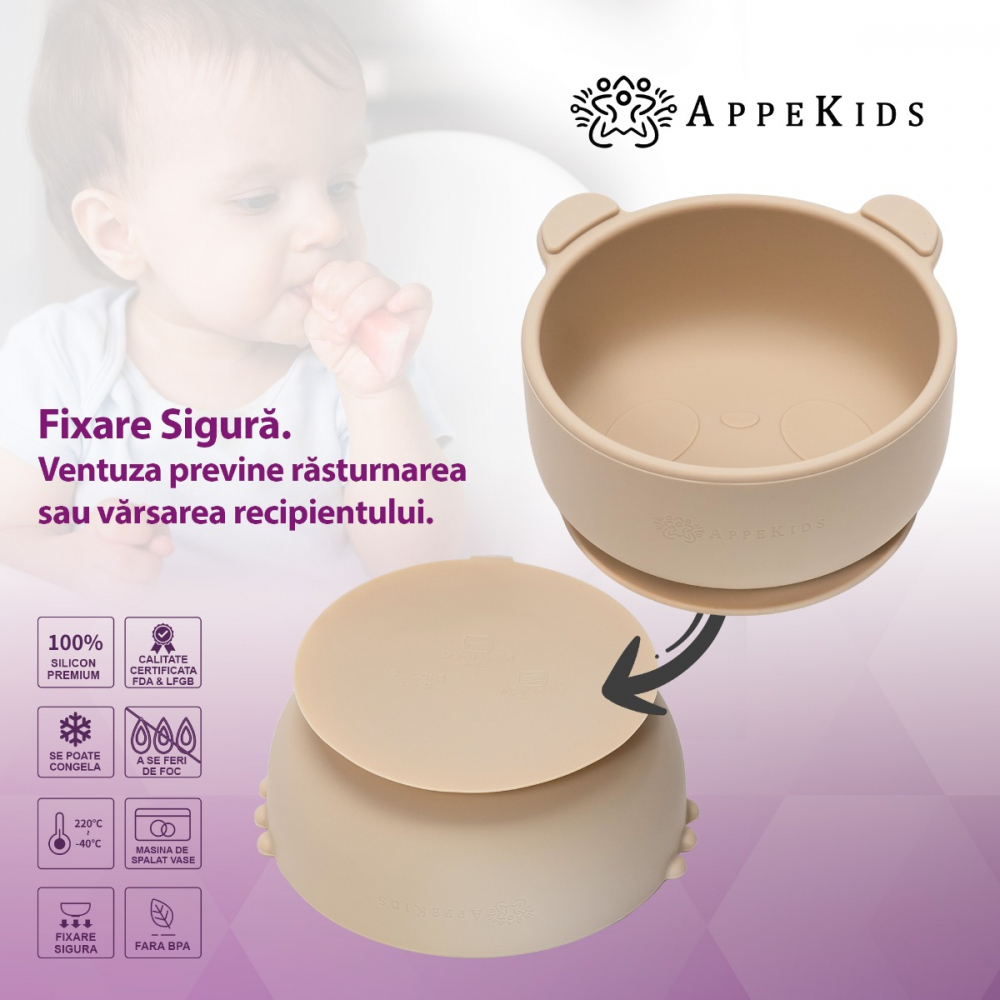 Bol Silicon AppeKids cu Ventuza Beige - imagine 2