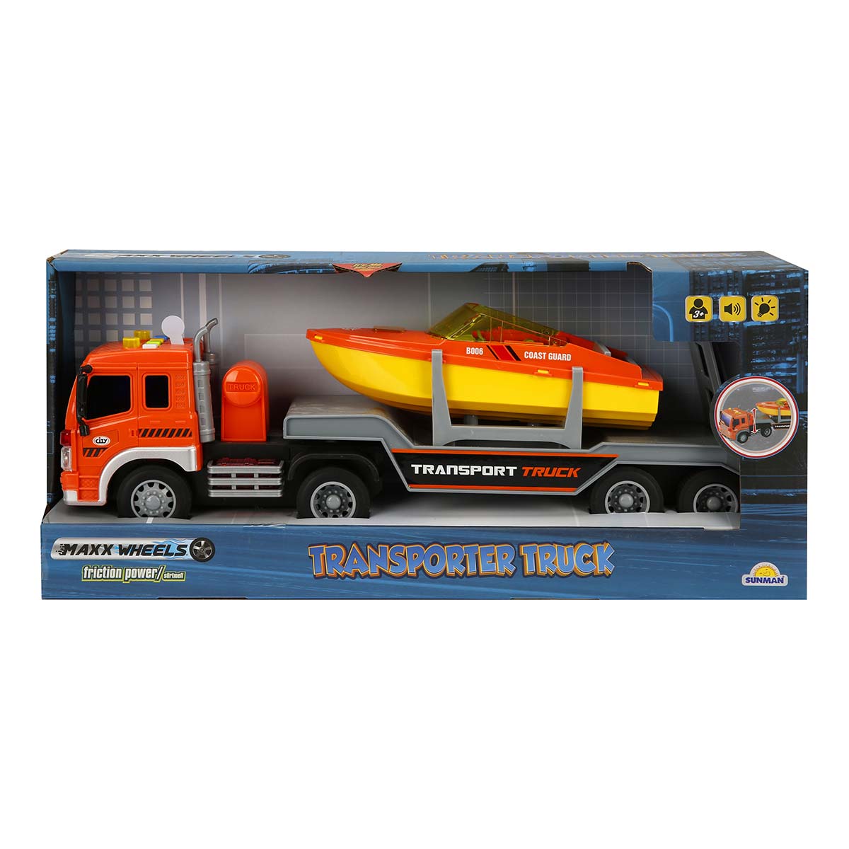 Camion Tractare Maxx Wheels 1:16 cu Barca și Sunete