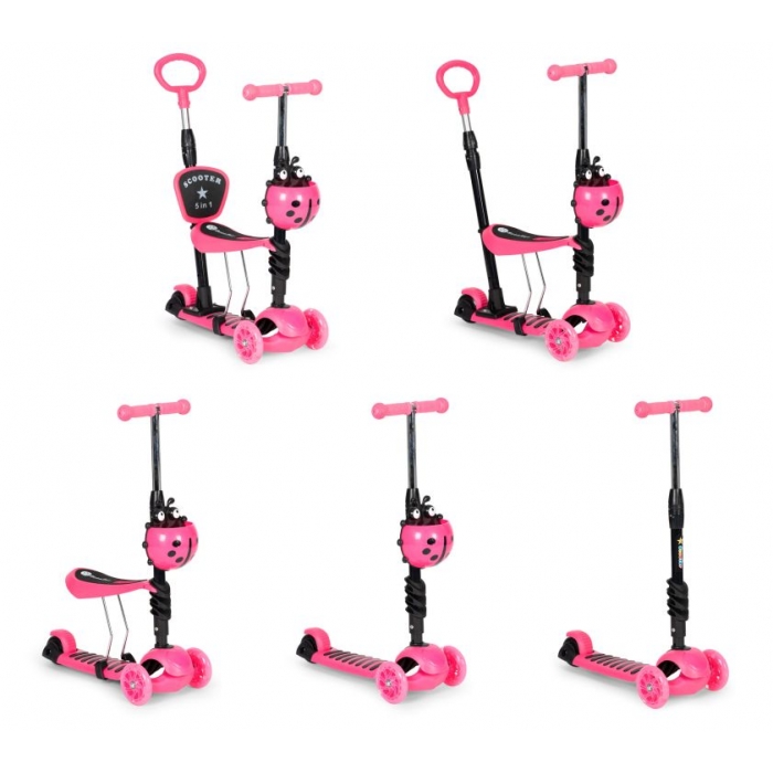 Trotineta 5 in 1 Ecotoys Roz cu LED și Mâner Parental - imagine 2