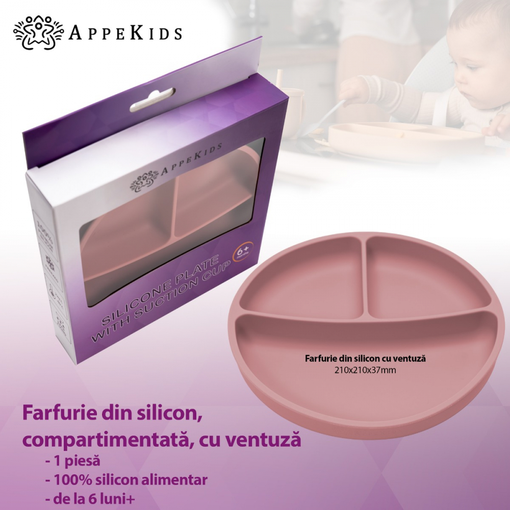 Farfurie Silicon AppeKids cu Ventuza, Old Rose - imagine 2