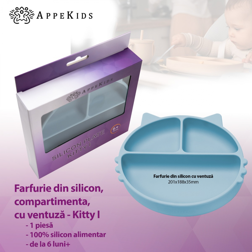 Farfurie Silicon AppeKids Kitty Aqua - imagine 2