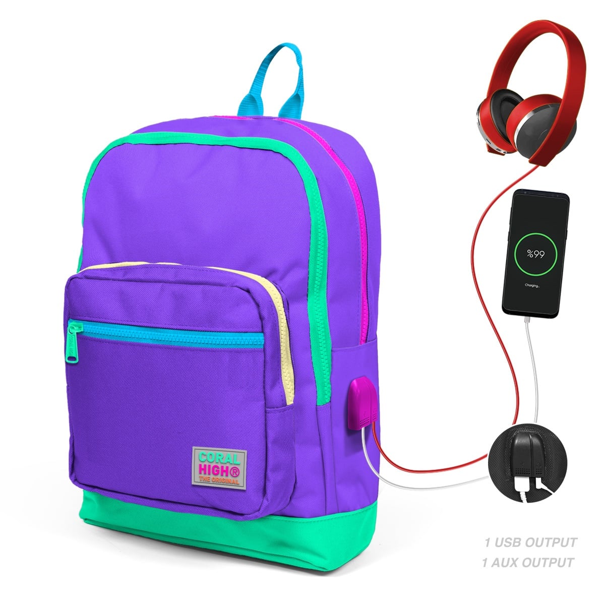 Ghiozdan Coral High 4 Compartimente cu USB, Mov