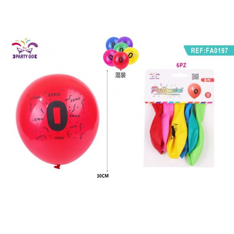 Set 6 Baloane PartyGo Cifra 0, 30cm, Multicolor