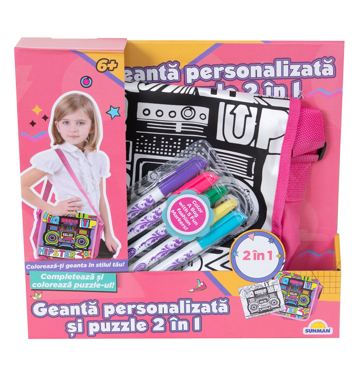 Geanta de colorat Hipster + Puzzle 2 in 1 Pretty Pinky