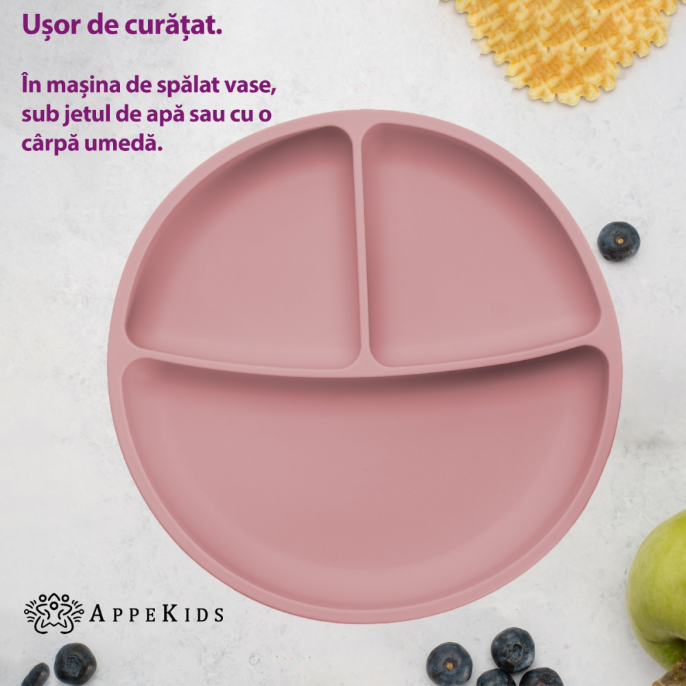 Farfurie Silicon AppeKids cu Ventuza, Old Rose - imagine 4