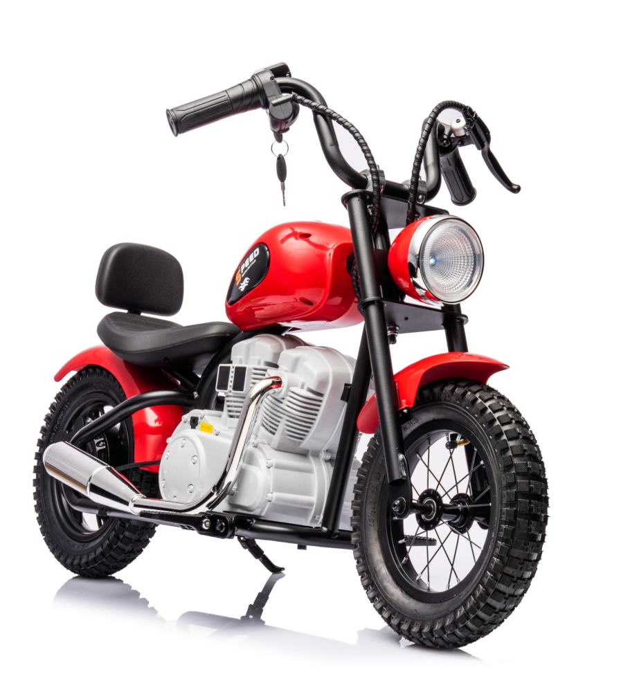 Motocicleta pentru copii, Kinderauto Chopper 350W, 36V, cu roti gonflabile, scaun tapitat, rosie