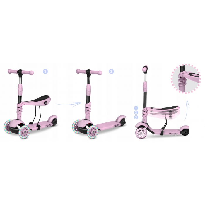 Trotineta Ricokids Cubi 3in1 Roz, LED, Scaunel