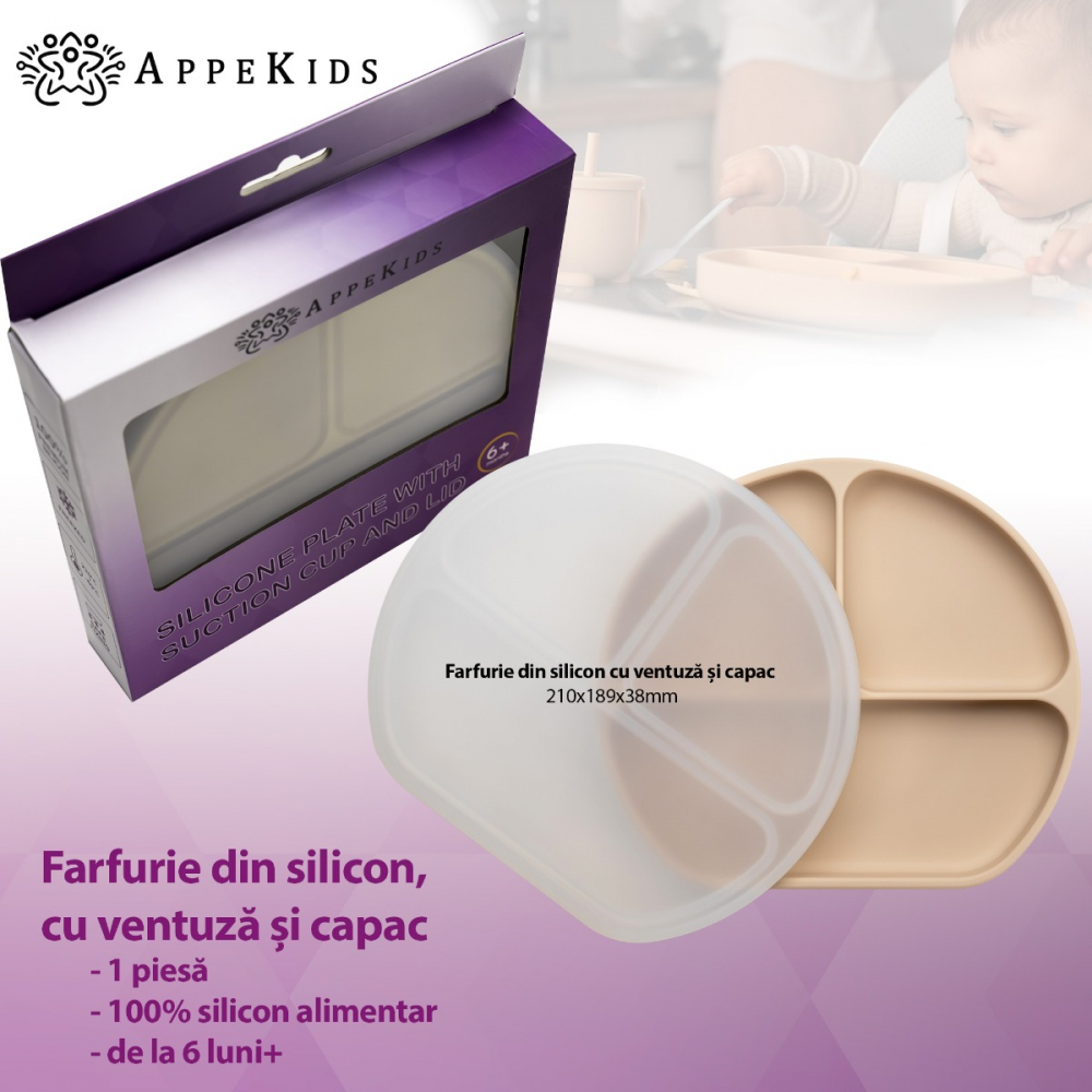 Farfurie Silicon AppeKids cu Ventuza, Beige