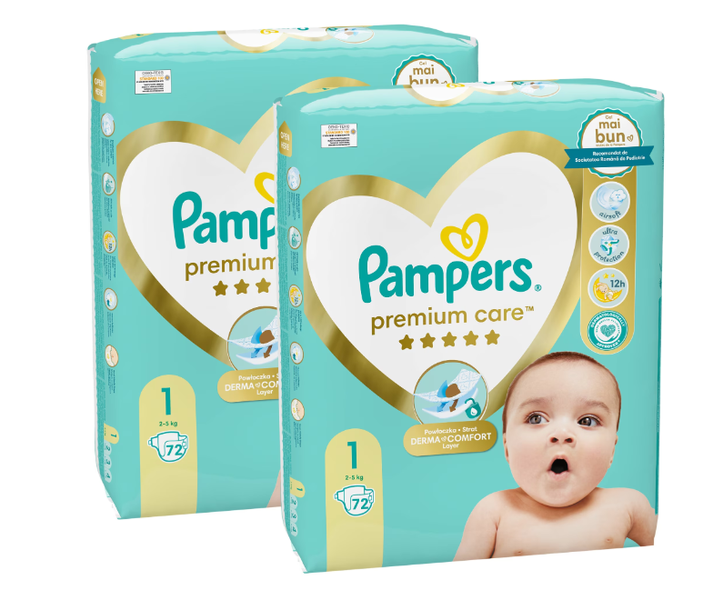 Pampers Premium Care XXL Marime 1, 2-5 kg, 144 bucati