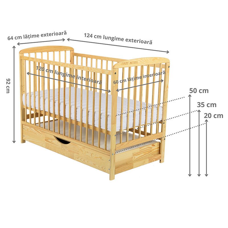 Pătuț Ola BabyNeeds Lemn Masiv cu Sertar, 120x60 cm - imagine 6