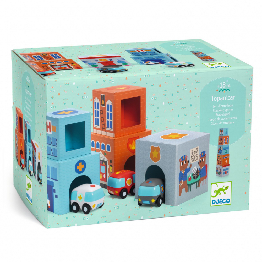 Set construit blocuri Djeco, 3 vehicule, +18 luni