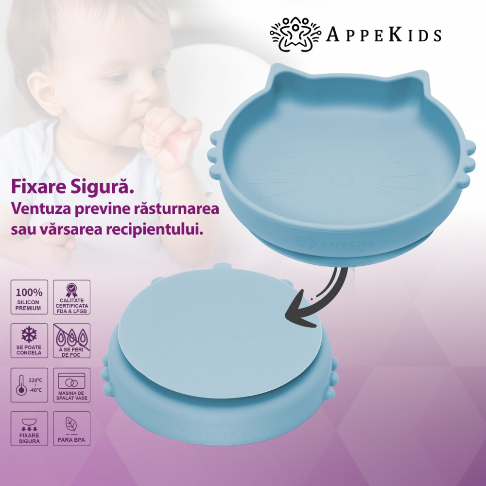 Bol Silicon AppeKids Kitty II Aqua Blue, Antiderapant - imagine 3