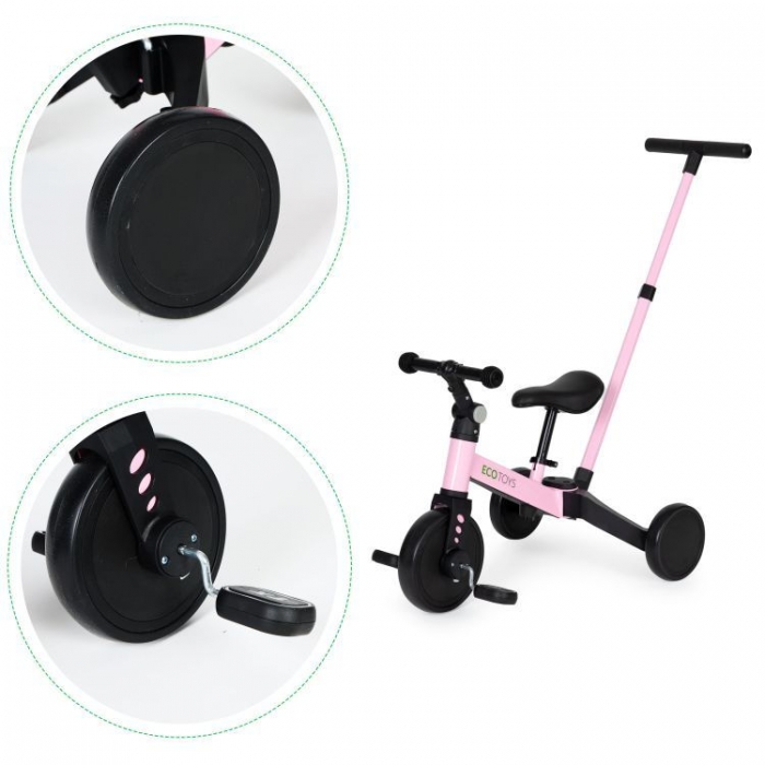Tricicleta Ecotoys 2 în 1 Roz cu Pedale și Mâner - imagine 7