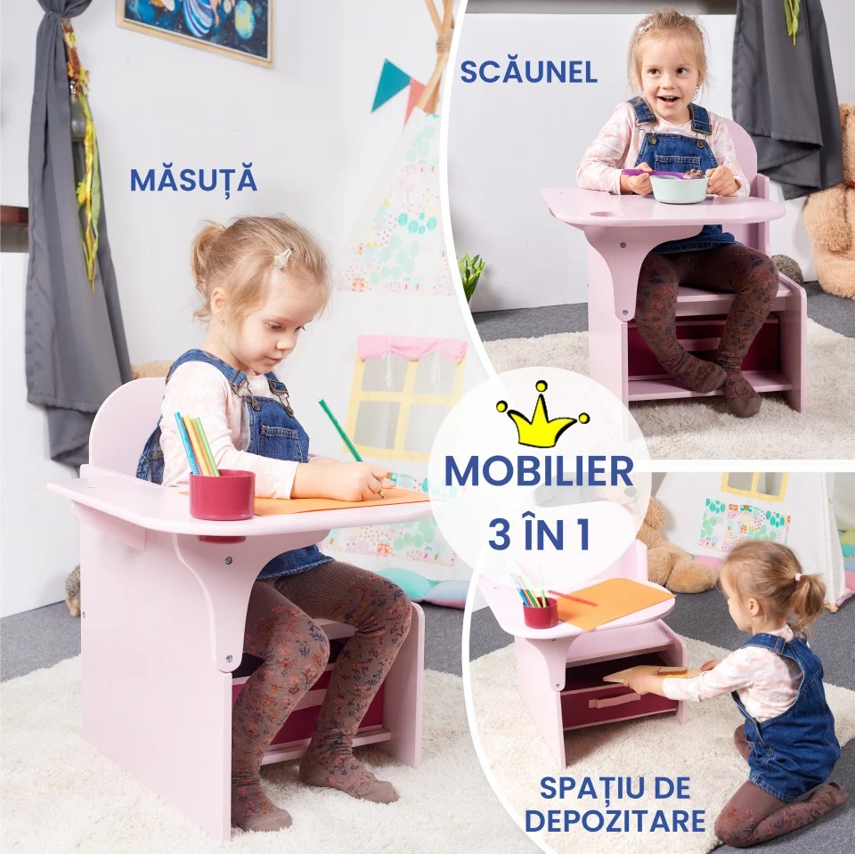Set Masuta Scaun 3in1 Suporto - Roz Copii 3-6 Ani - imagine 2
