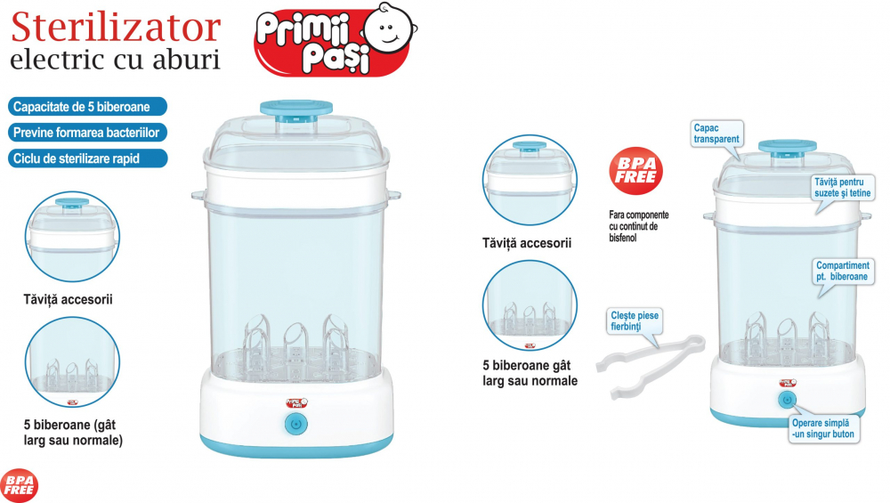 Sterilizator Electric Primii Pasi, 5 Biberoane, Aburi
