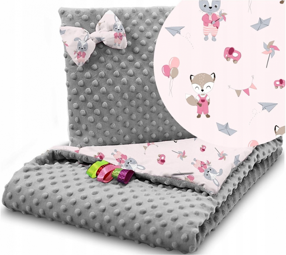 Set Paturica și Pernă Babymam Minky Grey Pink Balloons