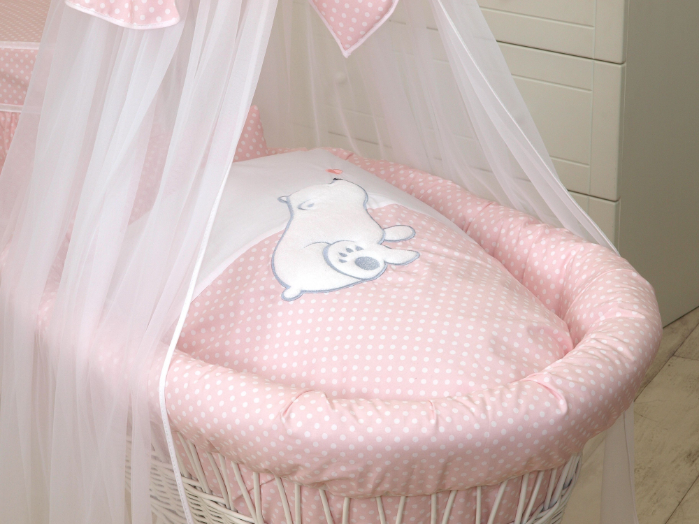 Cos Bebe Amy Bear Heart Pink pe Roti, cu Lenjerie si Baldachin