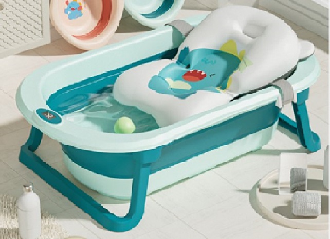 Cadita Pliabila Little Mom Dino Blue cu Termometru si Perna