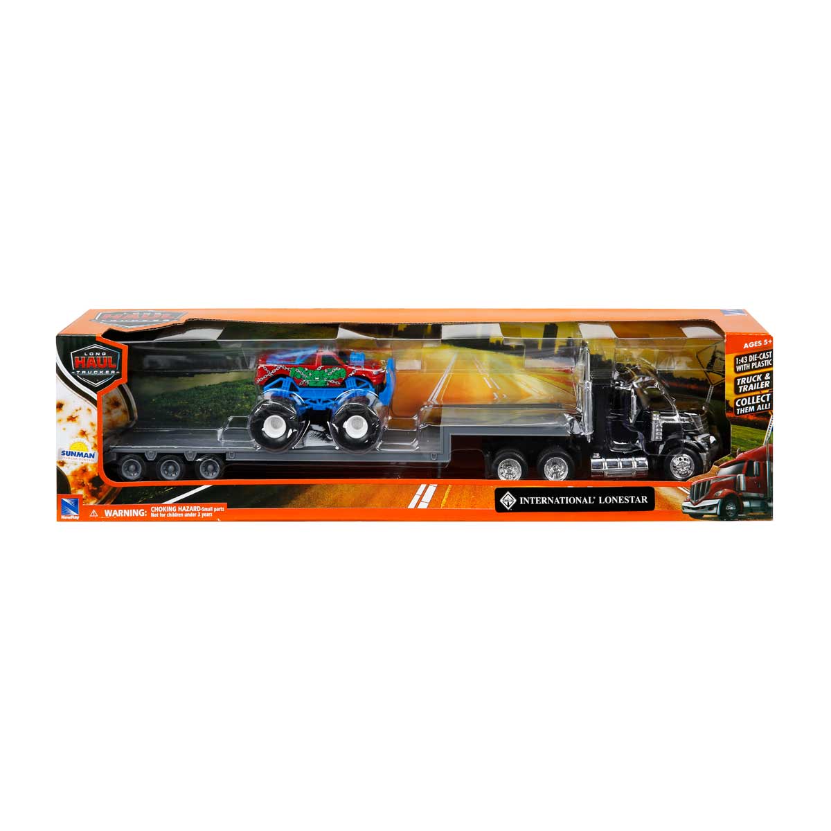 Set Camion Platforma New Ray 1:43 + Masina Off-Road