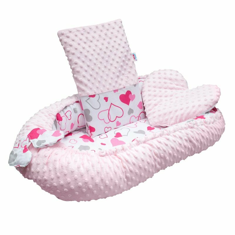 Set 3 piese New Baby Luxury Nest Minky Hearts Pink