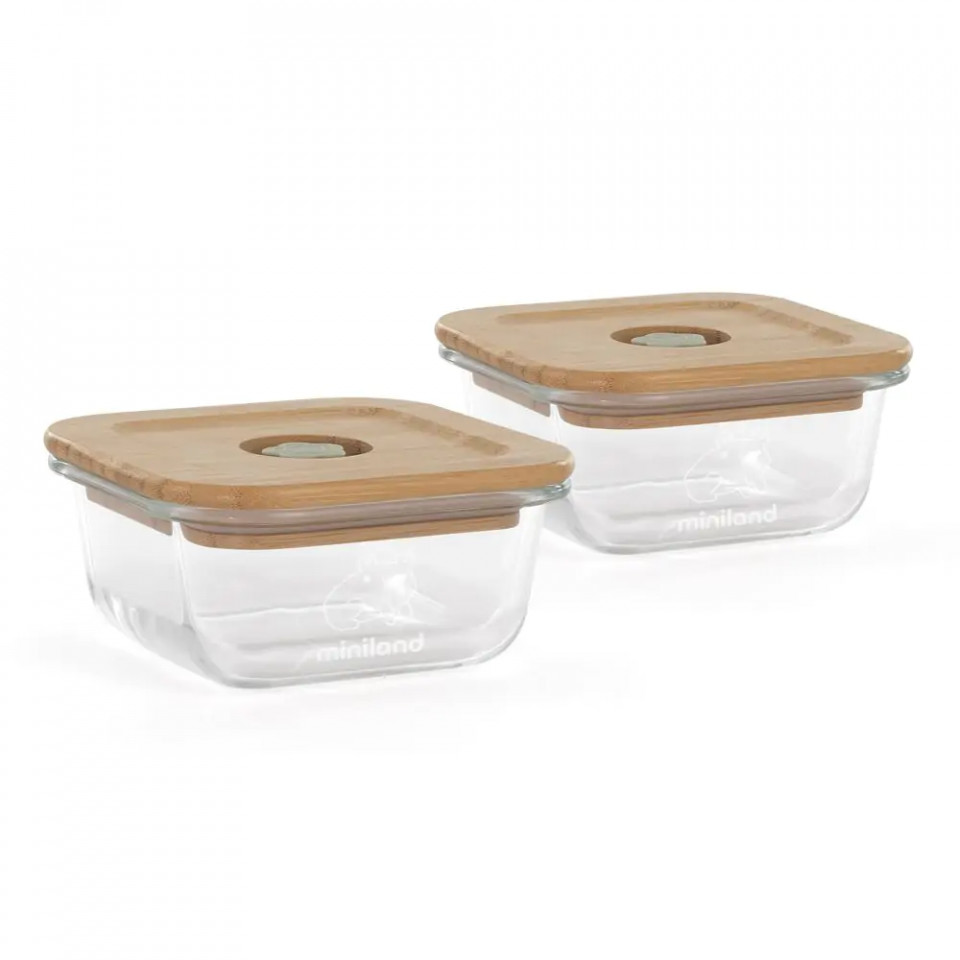 Set 2 recipiente sticlă etanse bambus Miniland 210ml