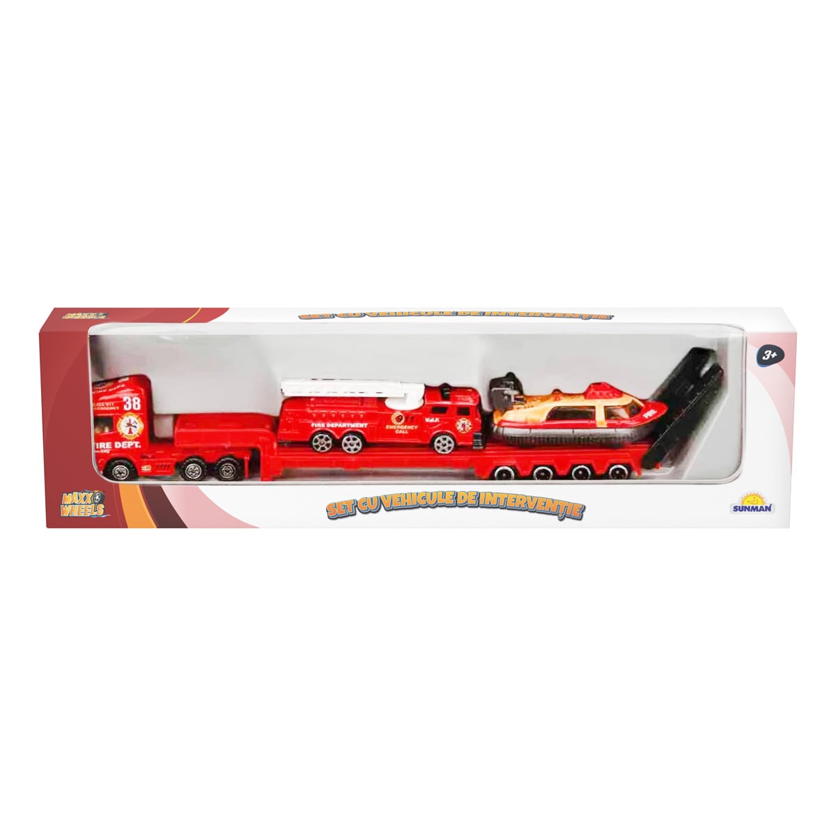Set Masinuti Pompieri Maxx Wheels, Barca si Macara