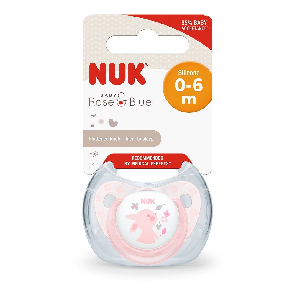 Suzeta NUK Baby Rose Silicon Iepuraș, 0-6 luni