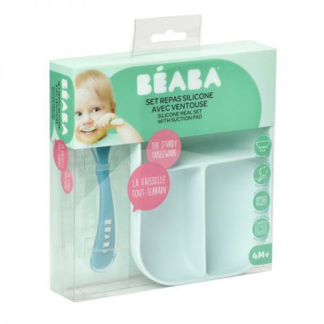Set Masa Silicon Beaba 2 Piese Bleu cu Ventuza - imagine 5