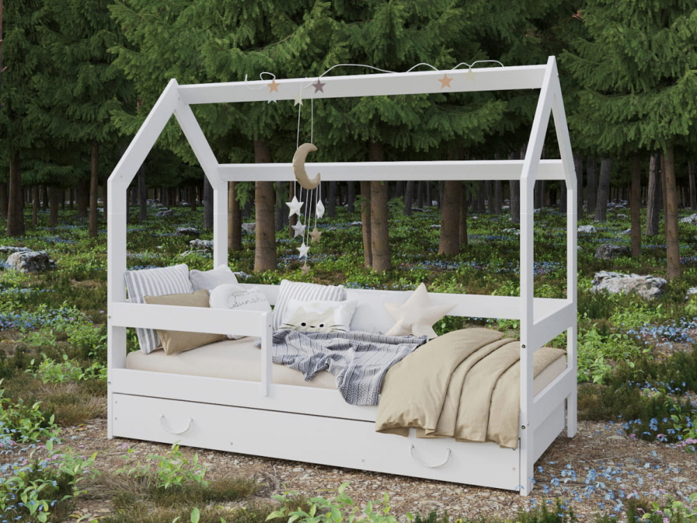 Pat Tineret Casuta Alba, Lemn cu Sertar 160x80 Nichiduta - imagine 4