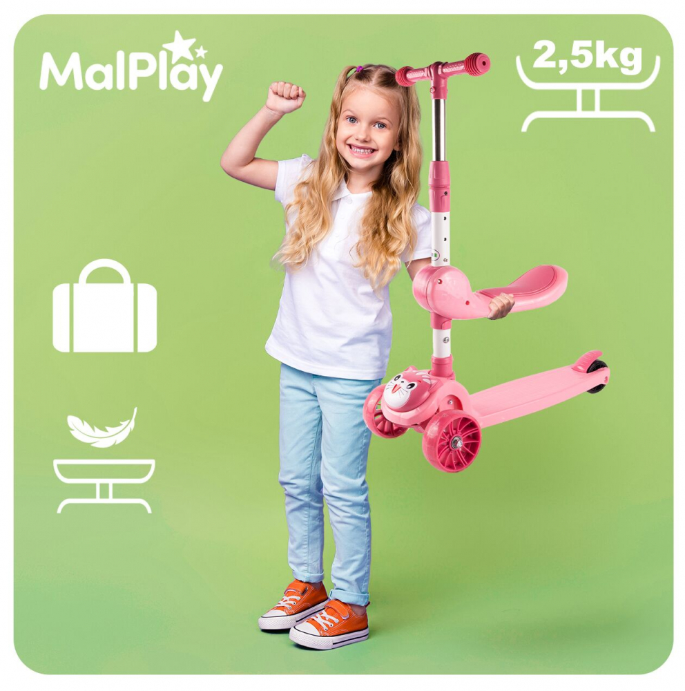 Trotineta 2 in 1 Malplay cu scaun, LED Pink Kitty - imagine 4