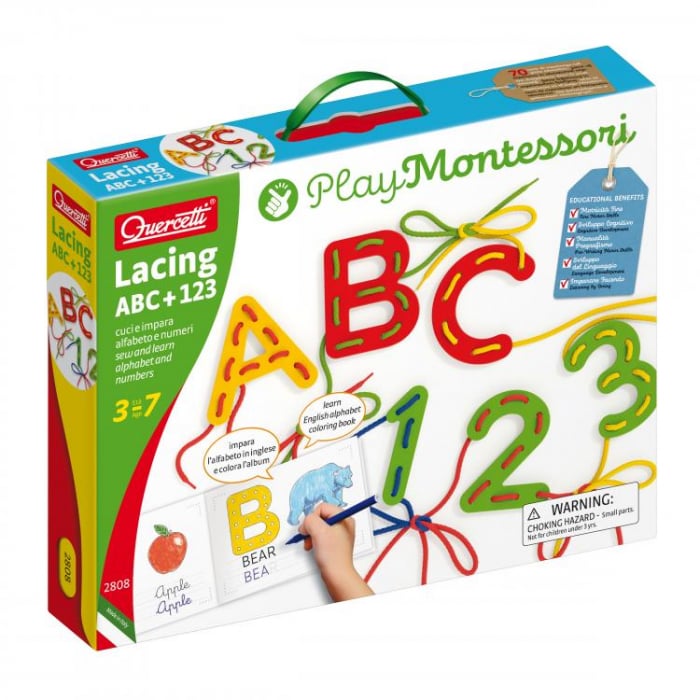 Joc Educativ Quercetti cu Sireturi Montessori ABC+123