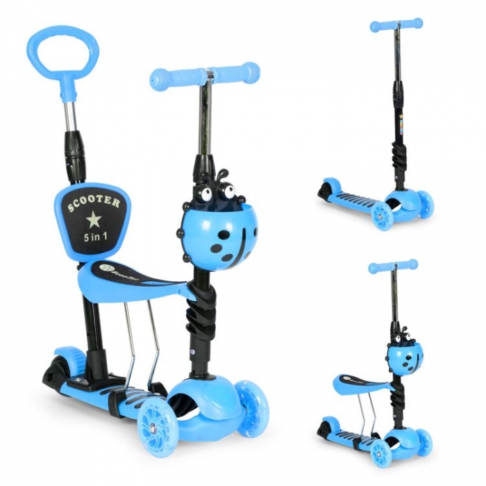 Trotineta 5 în 1 Ecotoys cu LED și Mâner, Albastru