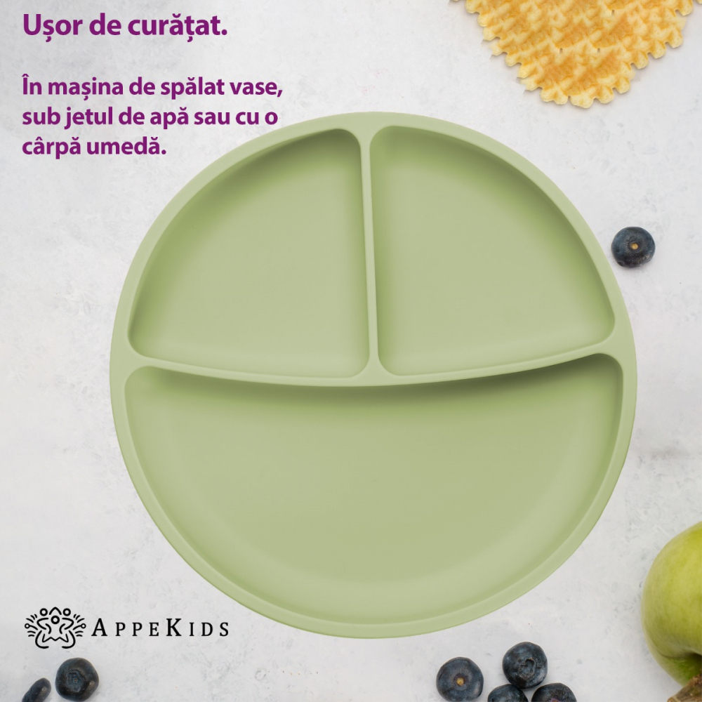Farfurie Silicon AppeKids cu Ventuza, Raw Green - imagine 4