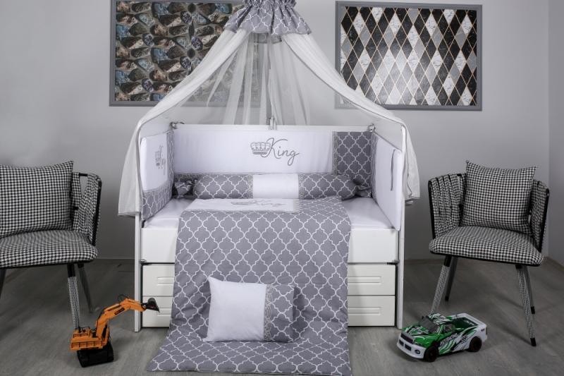 Lenjerie MyKids King 10 Piese cu Baldachin Gri-Alb - imagine 3