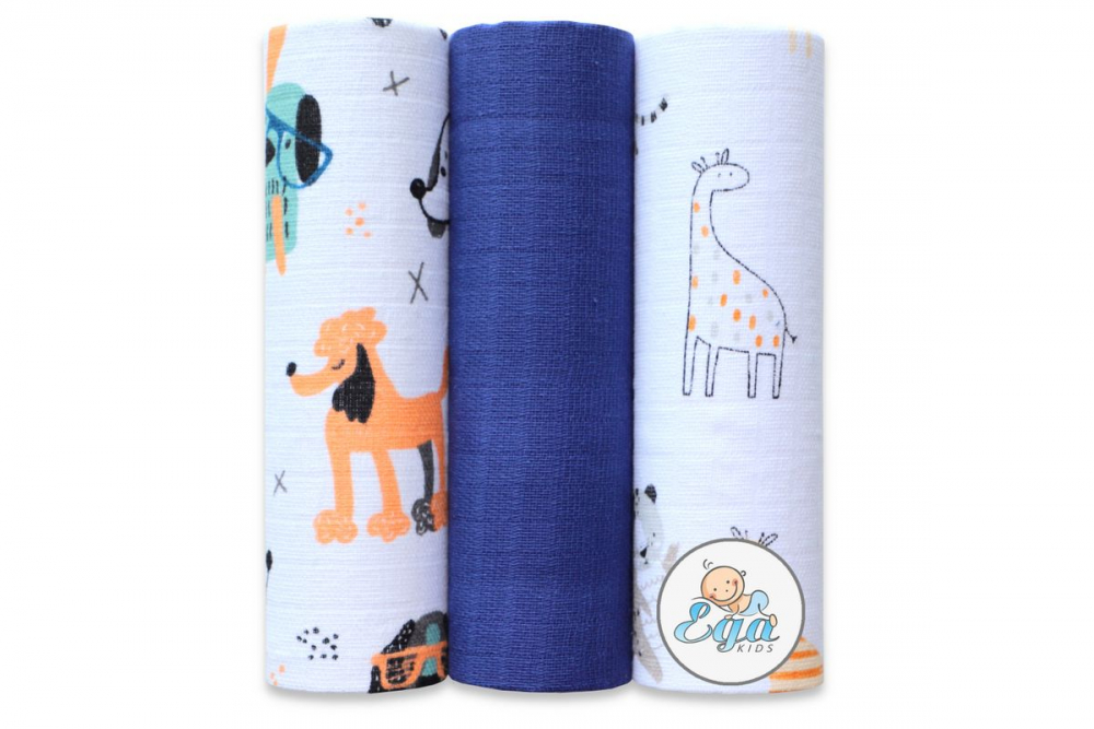 Set 3 scutece muselina Egakids, 70x80 cm, Albastru