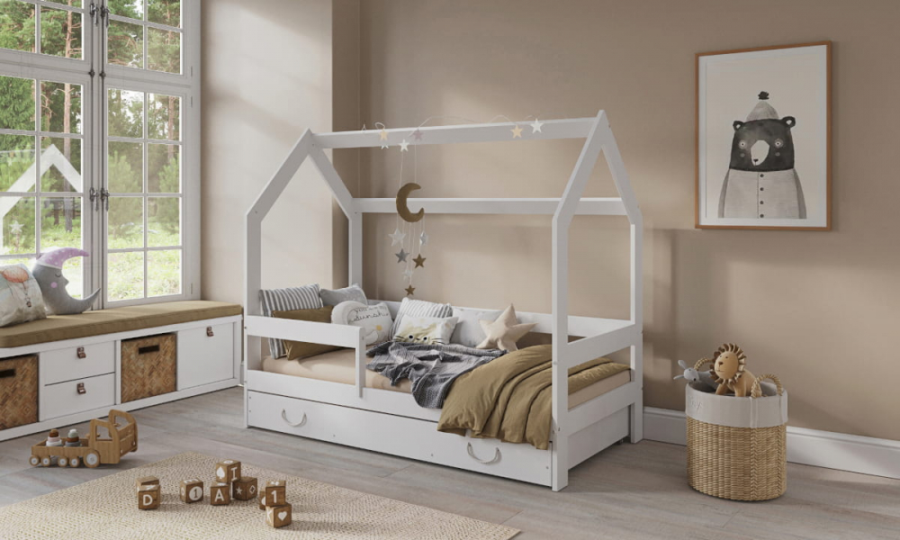 Pat Tineret Casuta Alba, Lemn cu Sertar 160x80 Nichiduta - imagine 2