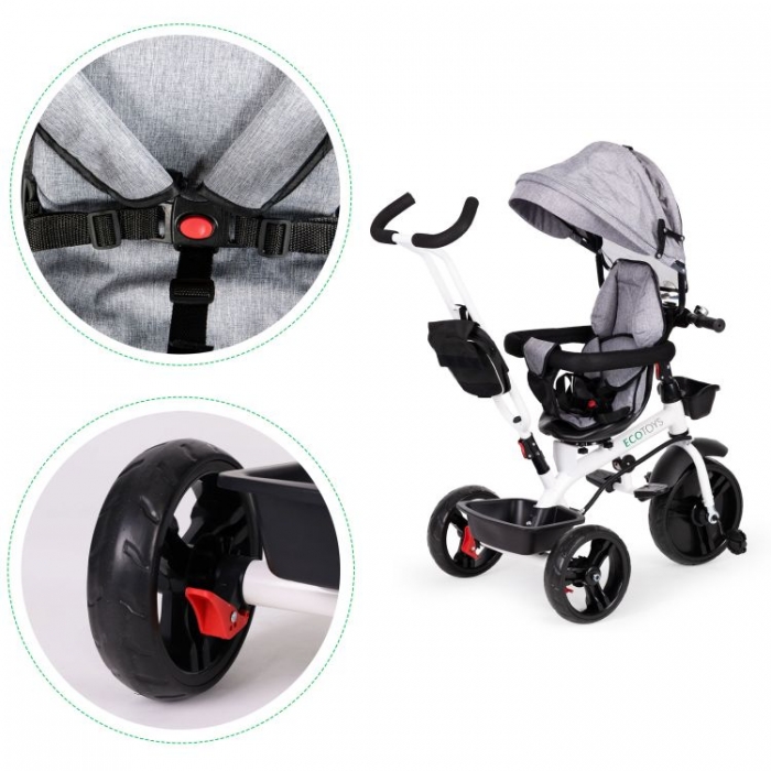 Tricicleta Ecotoys JM-322 Gri, Scaun Reversibil - imagine 2