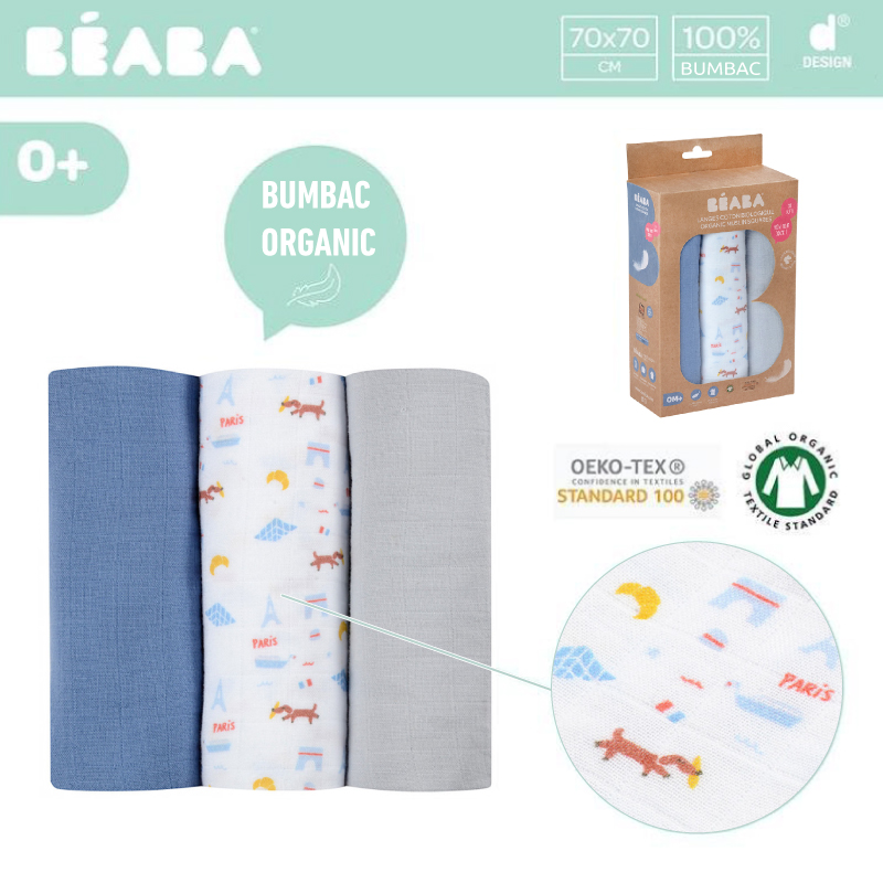 Set 3 Museline Beaba Bumbac Organic 70x70 cm Paris Blue - imagine 5